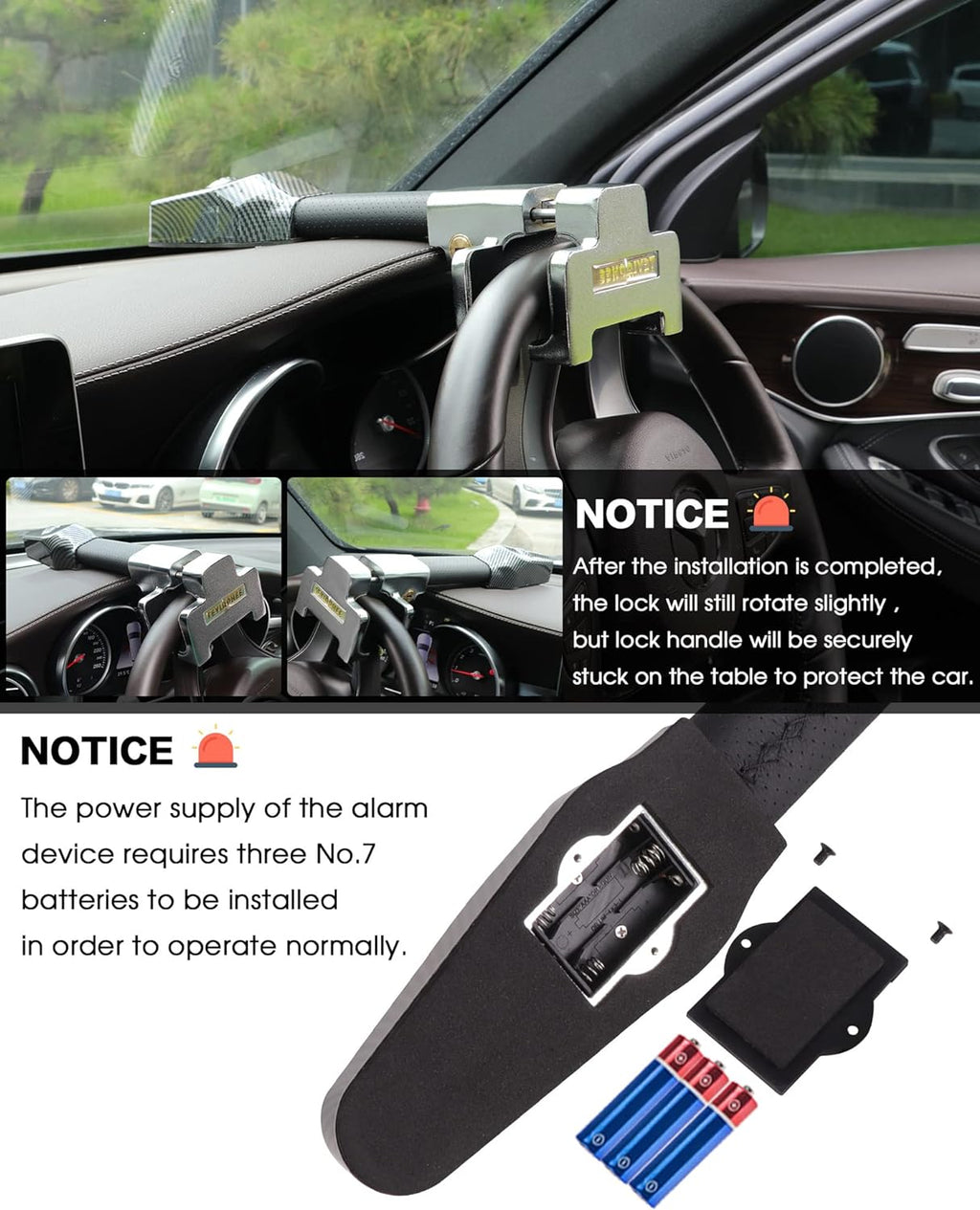 Tevlaphee Steering Wheel Lock with Alarm,Heavy Duty Anti-Theft Car Device Car Lock Car Theft Prevention Universal Fit for Vehicle Truck Van SUV Car Security with 2 Keys