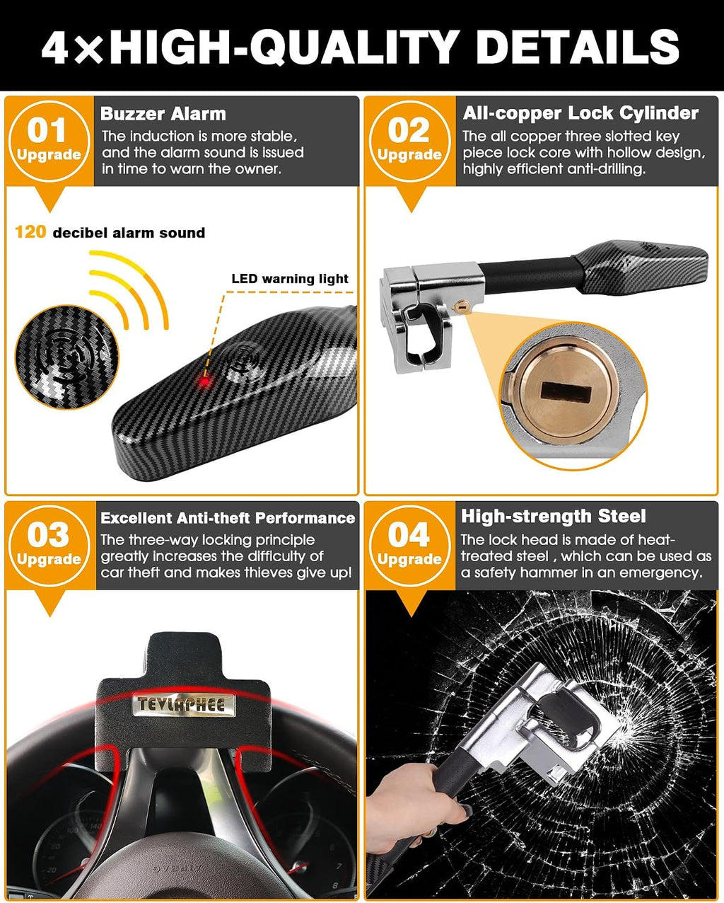 Tevlaphee Steering Wheel Lock with Alarm,Heavy Duty Anti-Theft Car Device Car Lock Car Theft Prevention Universal Fit for Vehicle Truck Van SUV Car Security with 2 Keys