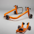 Multi-directional front and rear motorcycle stand set — Orange product view