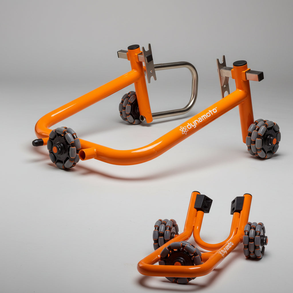 Multi-directional front and rear motorcycle stand set — Orange product view