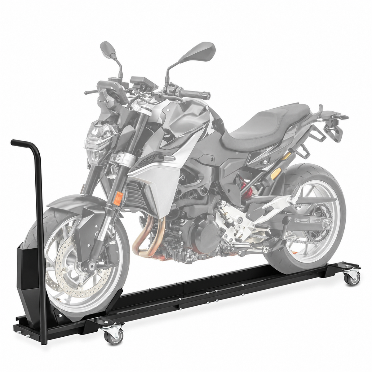Motorcycle parking dolly — Black color illustration; motorcycle shown for demonstration