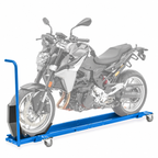 Motorcycle parking dolly — Blue color illustration; motorcycle shown for demonstration