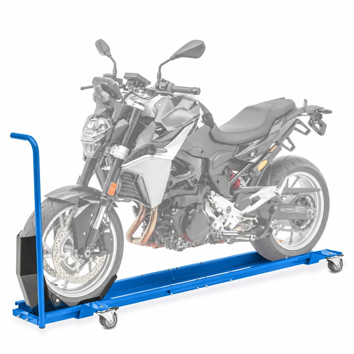 Motorcycle parking dolly — Blue color illustration; motorcycle shown for demonstration