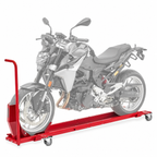 Motorcycle parking dolly — Red color illustration; motorcycle shown for demonstration