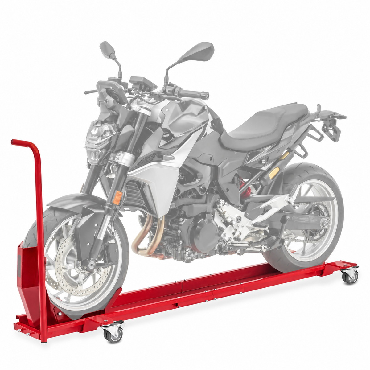 Motorcycle parking dolly — Red color illustration; motorcycle shown for demonstration